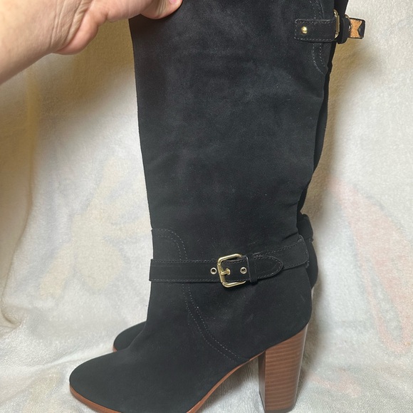 Coach Beverly Calf Black Suede Heeled Boots with Buckle Detail Size 7.5 - Picture 1 of 16